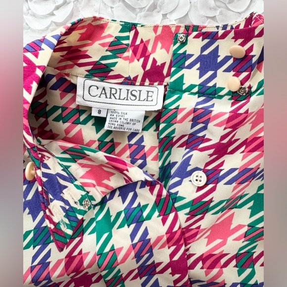NWT Vintage Carlisle Multicolor 100% Silk Women’s Blouse Houndstooth Size 8 - Picture 4 of 11